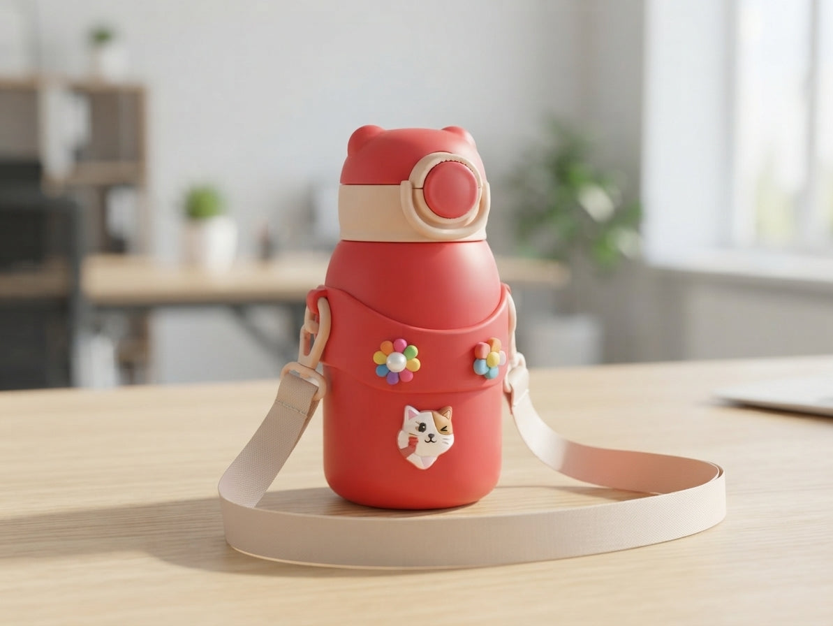 Sticker Decorated Kids Flask with Strap - lifestyle desk shot - Meru Trophy corporate gifting