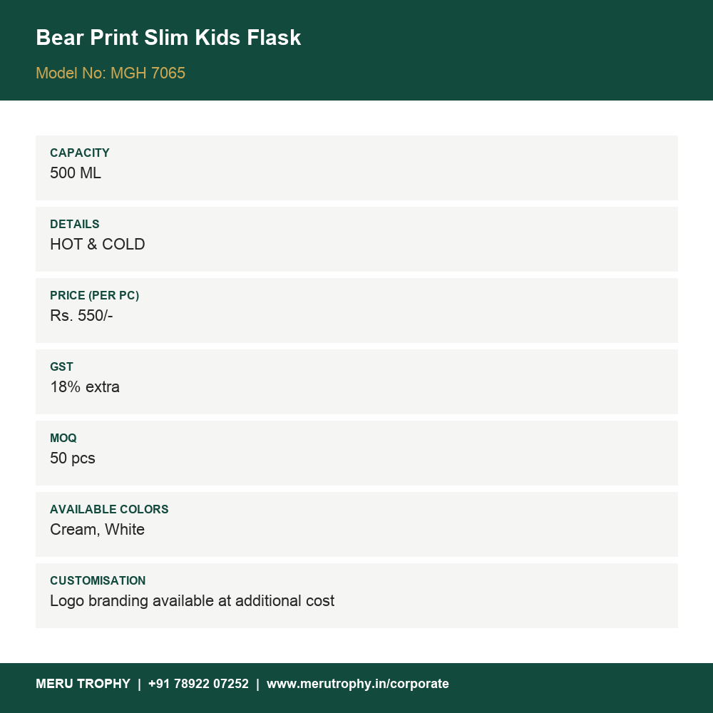 Bear Print Slim Kids Flask - product details card - Meru Trophy corporate gifting