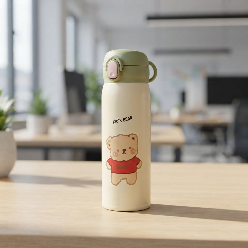 Bear Print Slim Kids Flask - lifestyle desk shot - Meru Trophy corporate gifting