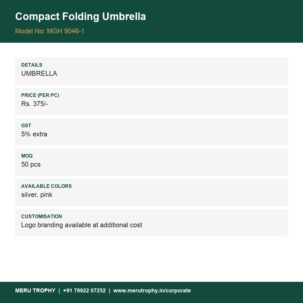 Compact Folding Umbrella - product details card - Meru Trophy corporate gifting