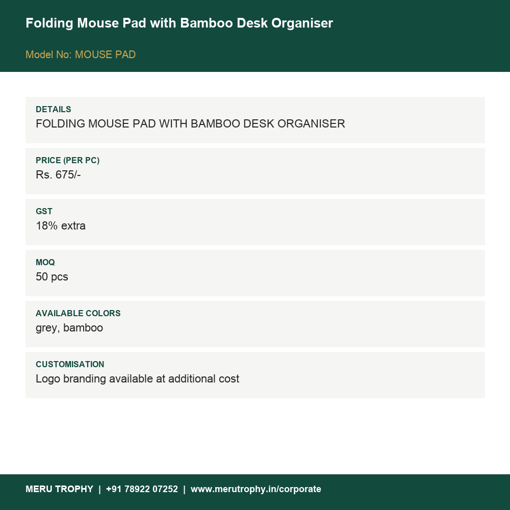 Folding Mouse Pad with Bamboo Desk Organiser - product details card - Meru Trophy corporate gifting