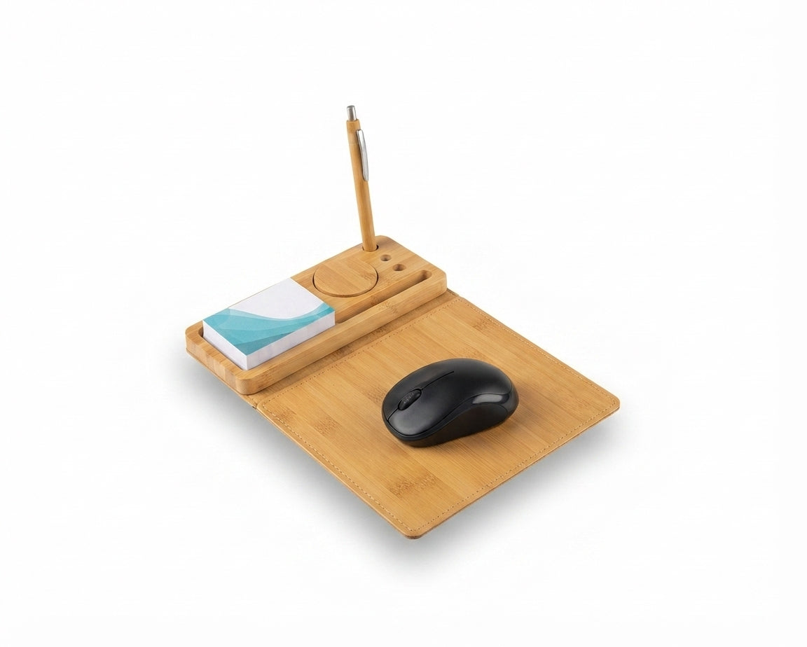 Folding Mouse Pad with Bamboo Desk Organiser - Bamboo - Meru Trophy corporate gifting