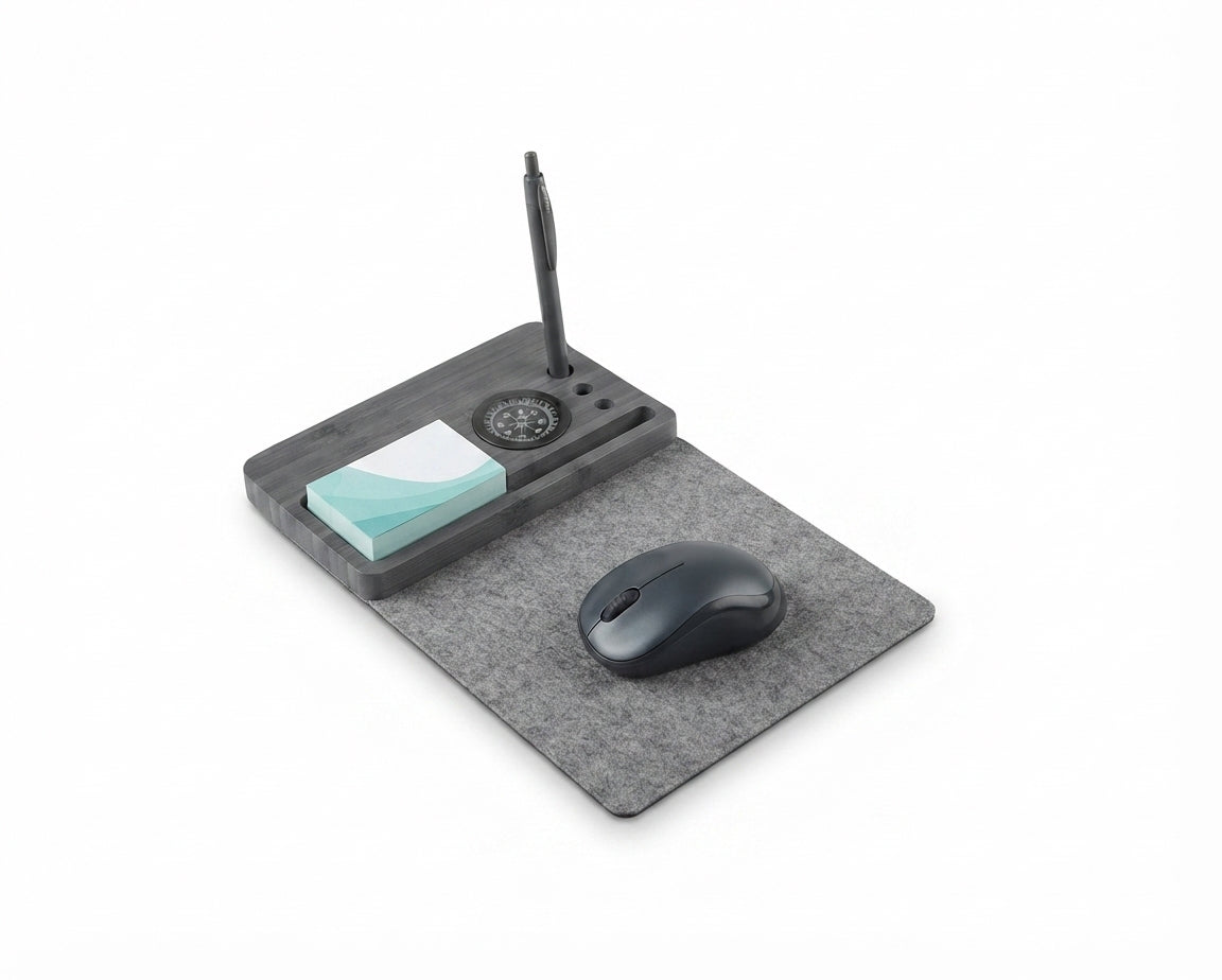 Folding Mouse Pad with Bamboo Desk Organiser - Grey - Meru Trophy corporate gifting