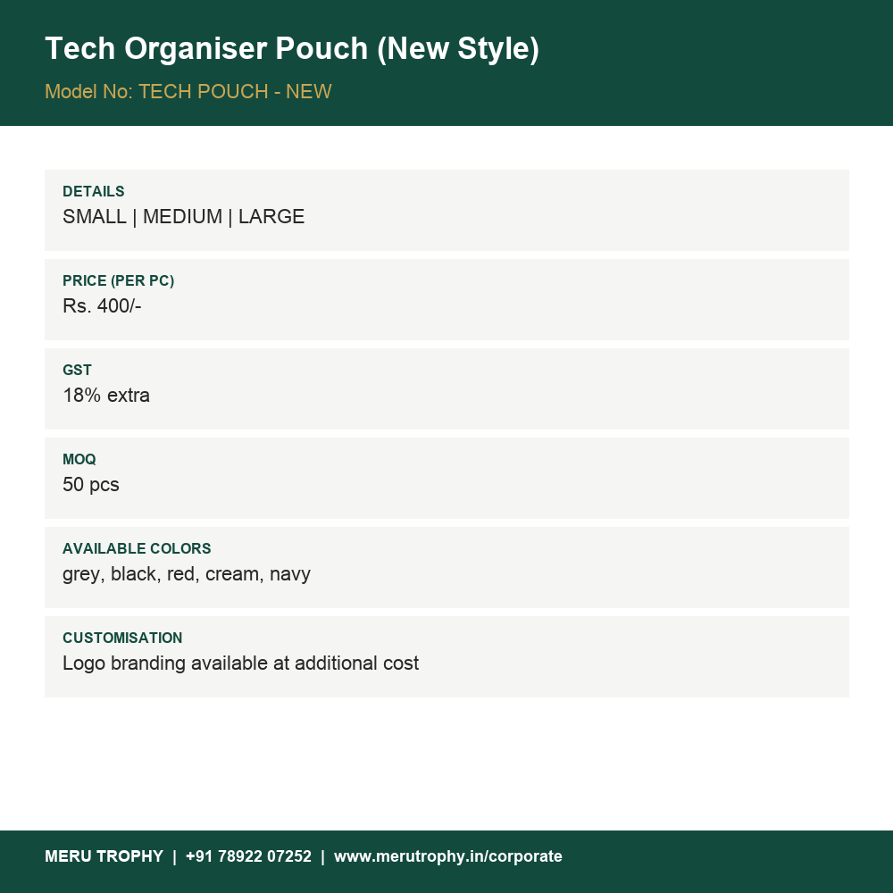 Tech Organiser Pouch (New Style) - spec card - Meru Trophy corporate gifting