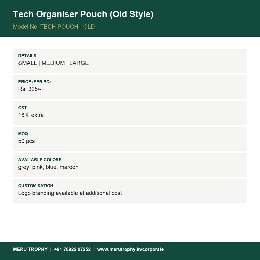 Tech Organiser Pouch (Old Style) - spec card - Meru Trophy corporate gifting