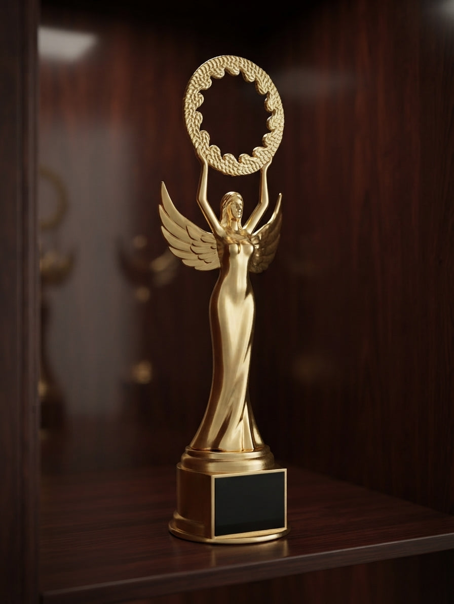 Gold Winged Victory Fibre Trophy AM 3 - Custom Fiber Trophies alternate view - Meru Trophy