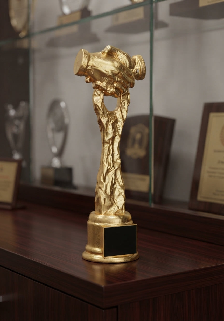 Gold Handshake Fiber Trophy Custom Award AM 10 alternate view - Meru Trophy