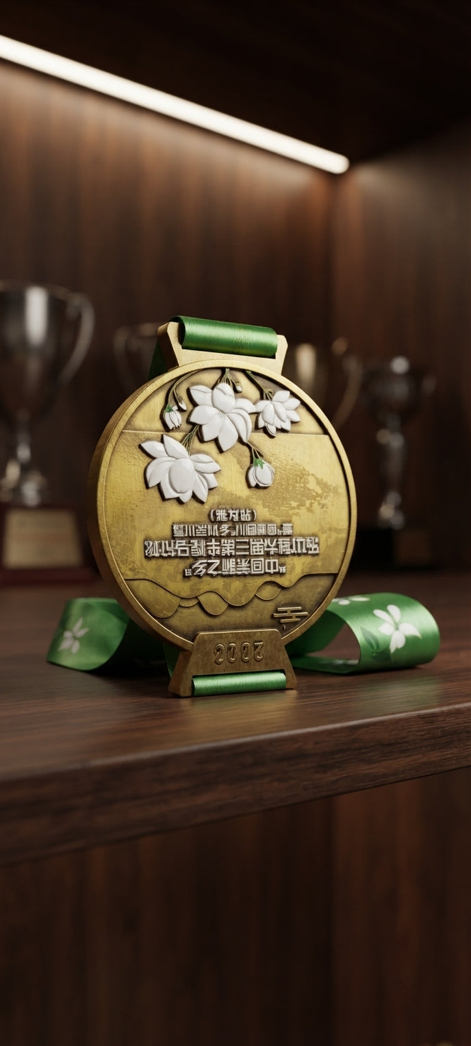 Custom Gold Award Medal with Floral Design and Green Ribbon - Engraved Medals & Custom Trophies alternate view - Meru Trophy