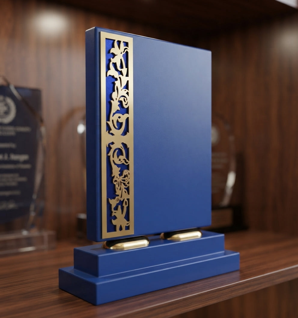 Blue & Gold Floral Wooden Memento Recognition Award CP 124 alternate view - Meru Trophy