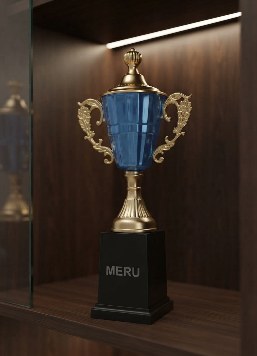 Blue and Gold Corporate Trophy Athletic Medals blue and gold award trophy abc 76 alternate view - Meru Trophy