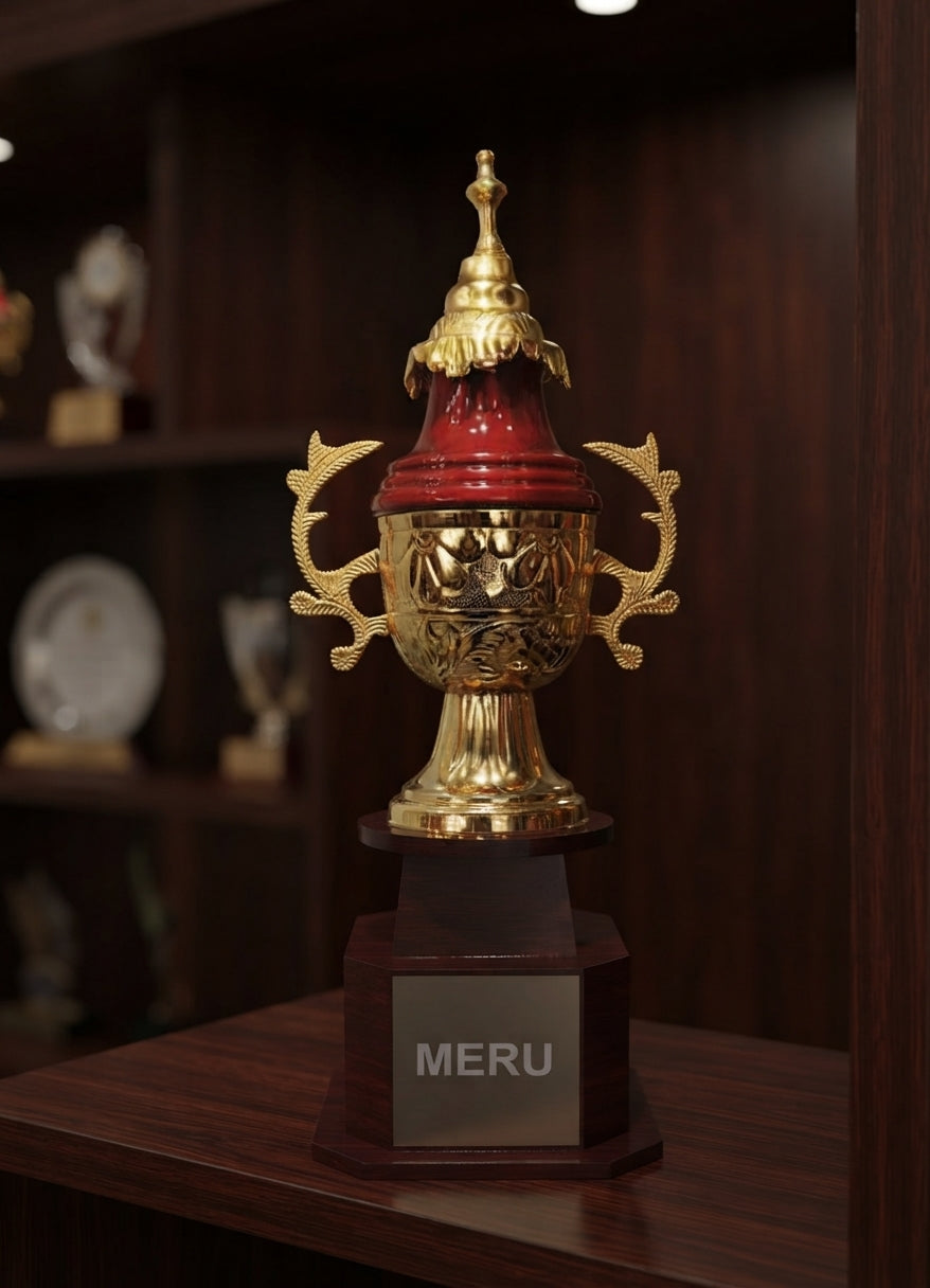 Metal Trophy Corporate Awards gold and maroon metal award trophy 2654 alternate view - Meru Trophy