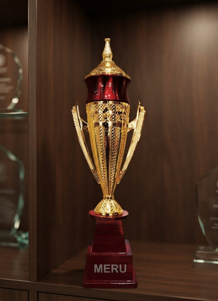 Fibre Trophy Corporate Award Custom Medals gold maroon award trophy 415 alternate view - Meru Trophy