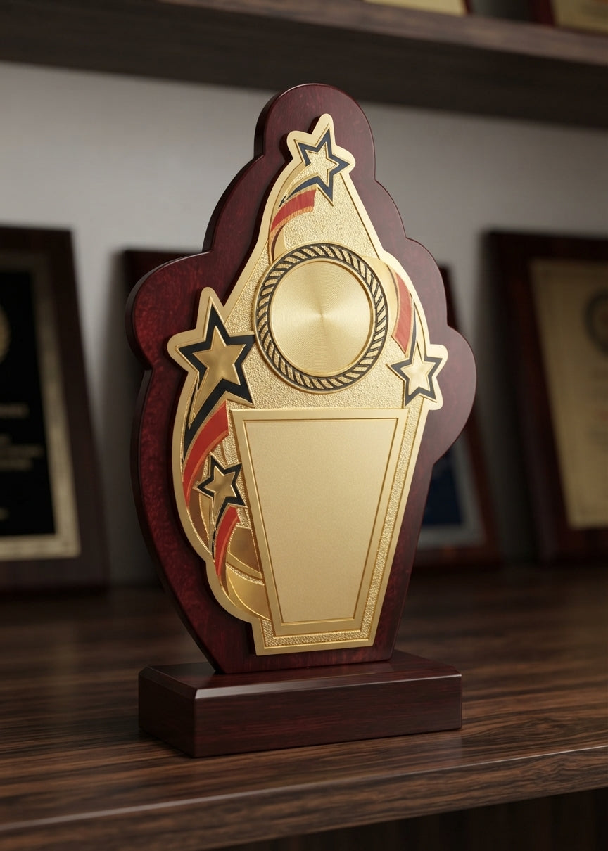 Wooden Memento Award Gold Star Trophy 1876 - Custom Engraved Recognition alternate view - Meru Trophy
