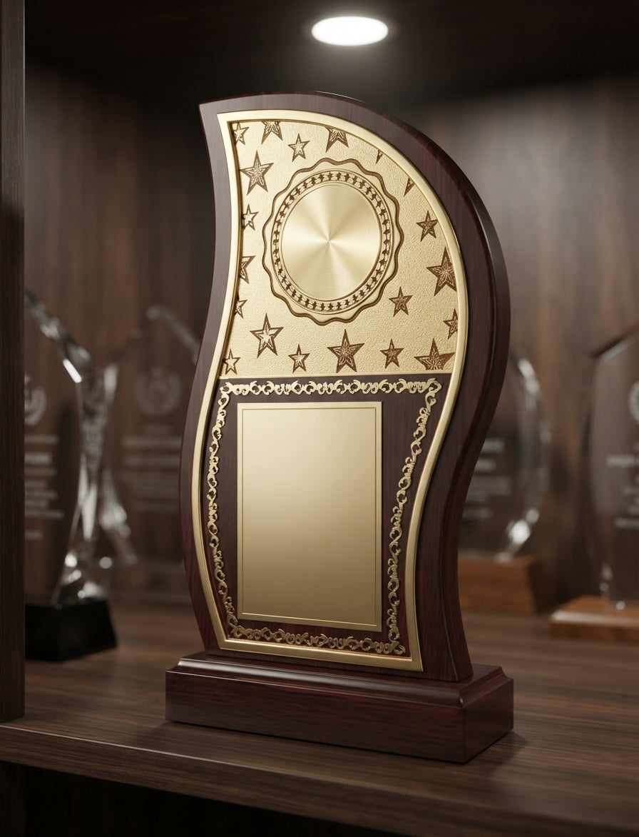 Custom Wooden Award Trophy with Gold Plate | Corporate Trophies 3224 | Wooden Mementos alternate view - Meru Trophy