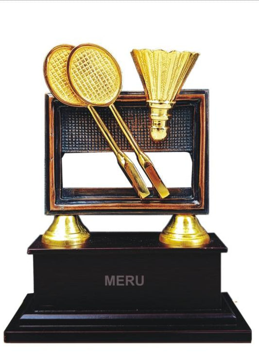 Gold badminton trophy design; perfect for sports awards and fiber trophies.
