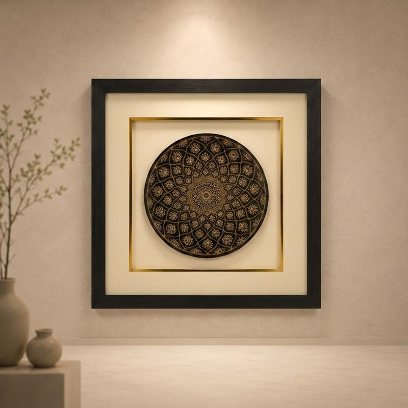 Bidri silver-inlaid wall disc, framed, handcrafted metal art from Bidar Karnataka