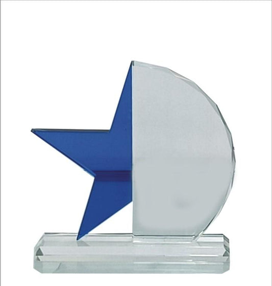 Elegant crystal trophy with a blue star; ideal for awards and recognition.