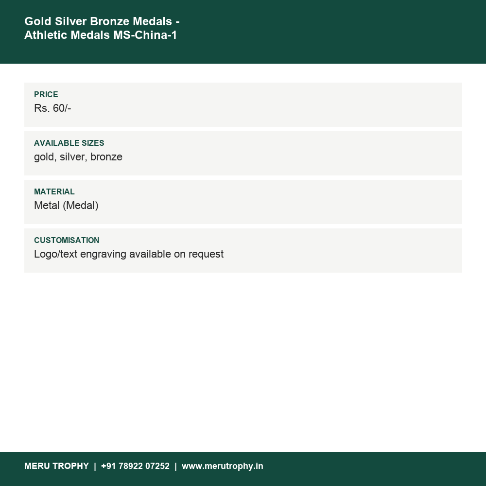 Gold Silver Bronze Medals - Athletic Medals MS-China-1 details - Meru Trophy