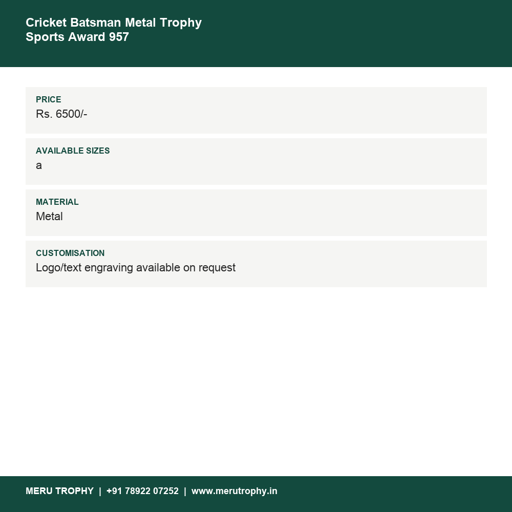 Cricket Batsman Metal Trophy Sports Award 957 details - Meru Trophy
