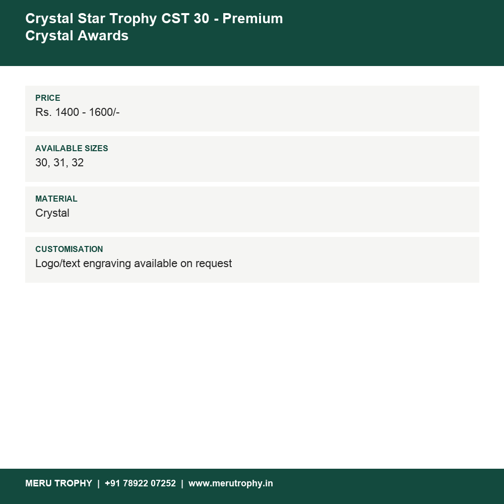 Crystal Star Trophy CST 30 - Premium Crystal Awards details - Meru Trophy