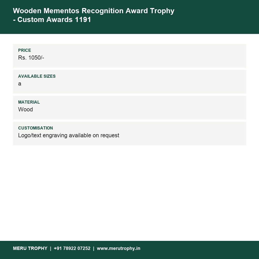 Wooden Mementos Recognition Award Trophy - Custom Awards 1191 details - Meru Trophy