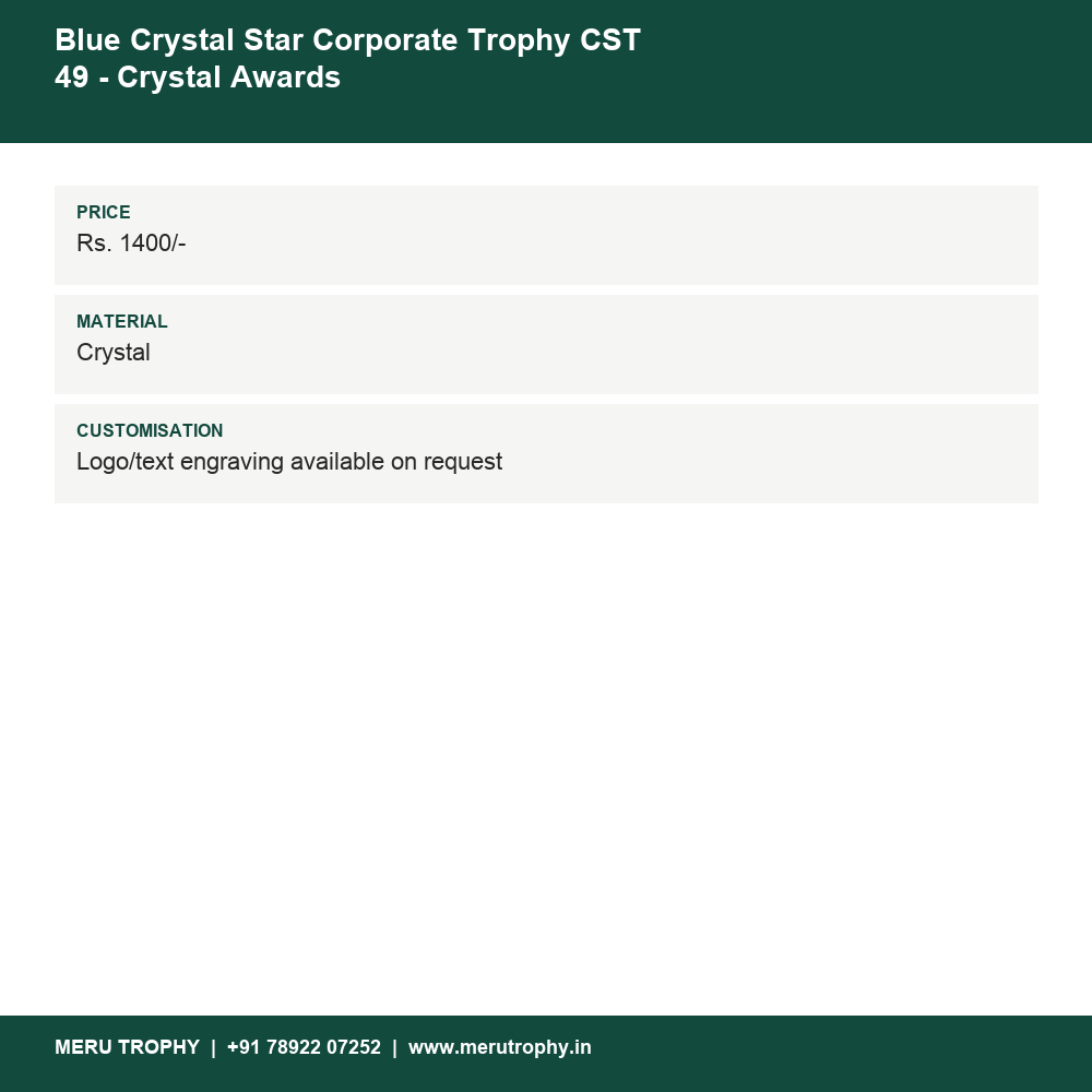 Blue Crystal Star Corporate Trophy CST 49 - Crystal Awards details - Meru Trophy