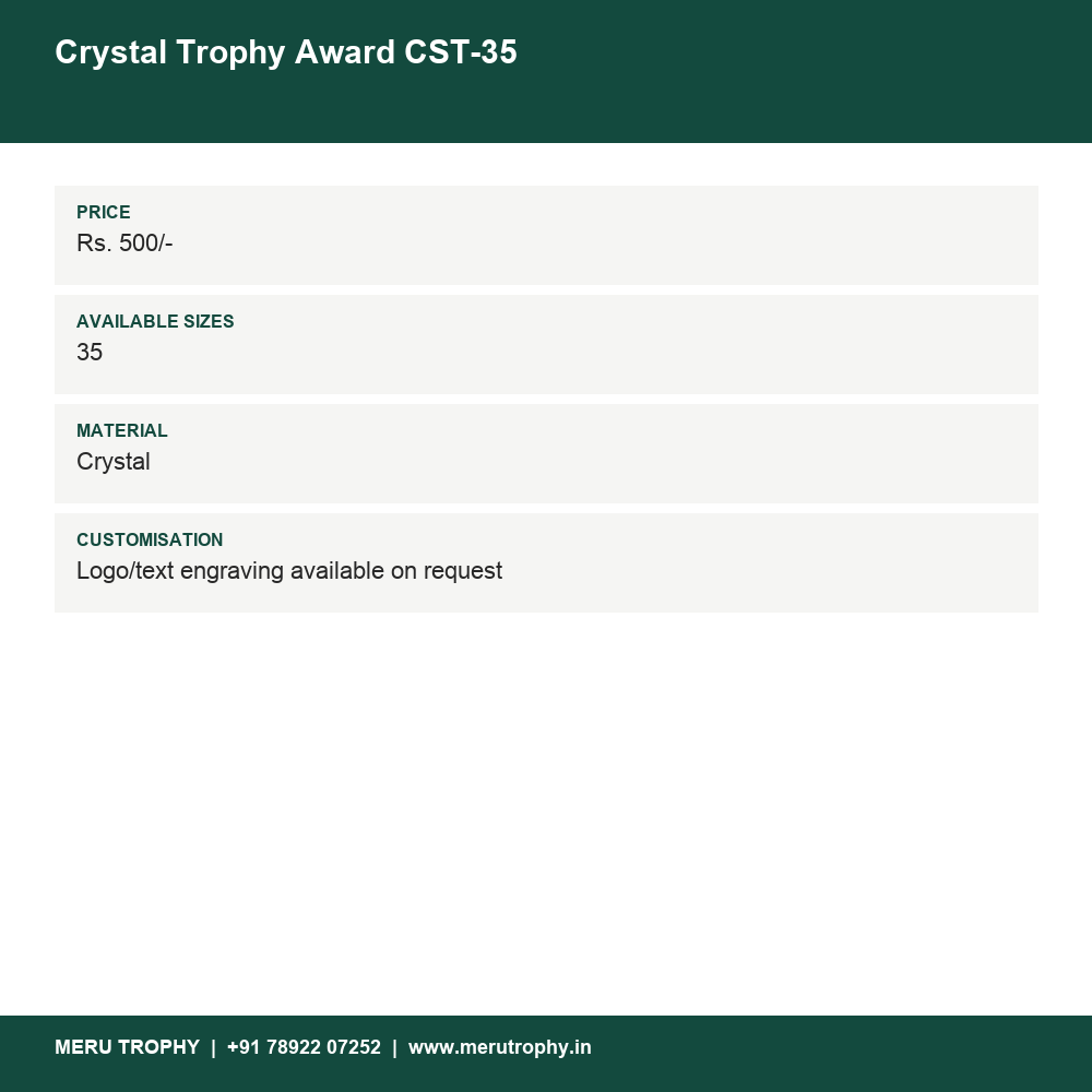 Crystal Trophy Award CST-35 details - Meru Trophy
