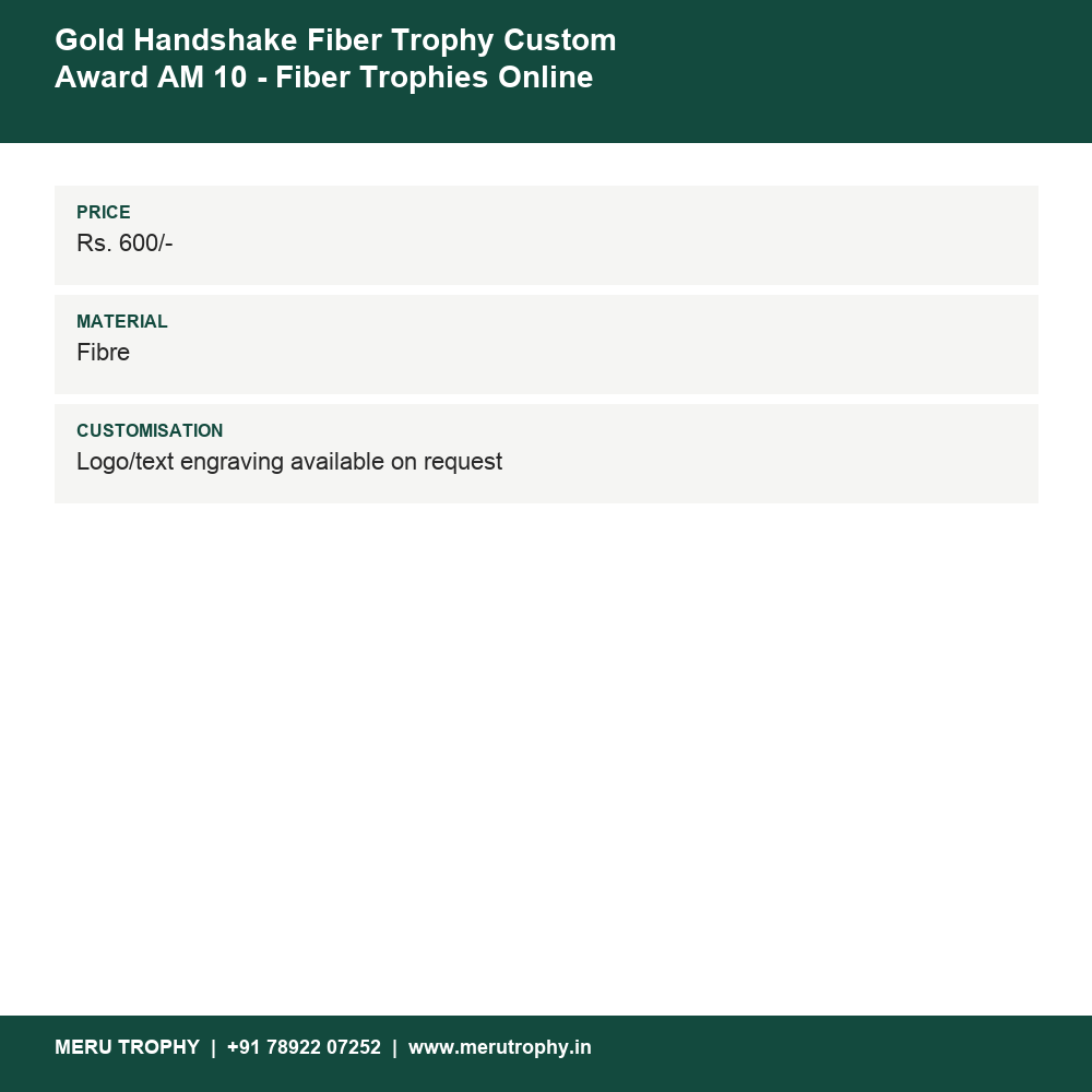 Gold Handshake Fiber Trophy Custom Award AM 10 details - Meru Trophy