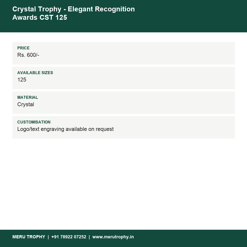 Crystal Trophy - Elegant Recognition Awards CST 125 details - Meru Trophy