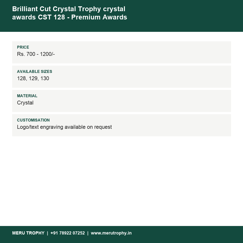Brilliant Cut Crystal Trophy crystal awards CST 128 - Premium Awards details - Meru Trophy