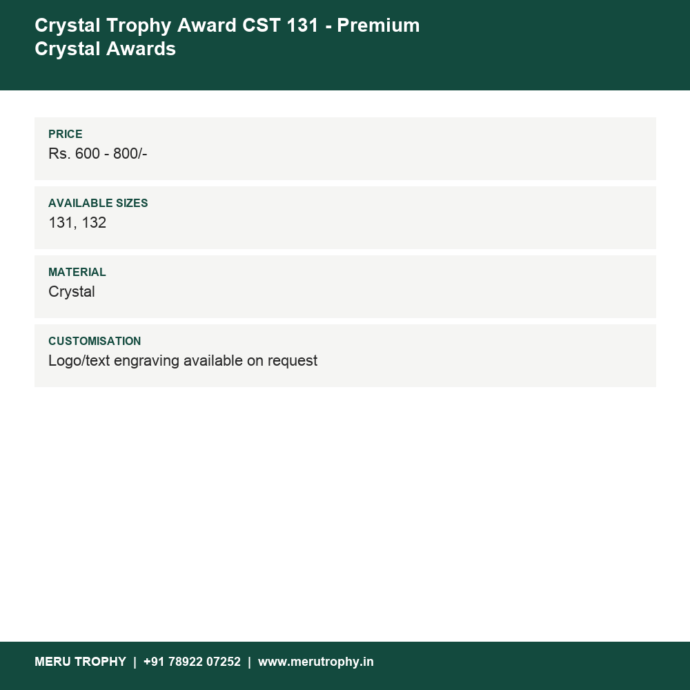 Crystal Trophy Award CST 131 - Premium Crystal Awards details - Meru Trophy