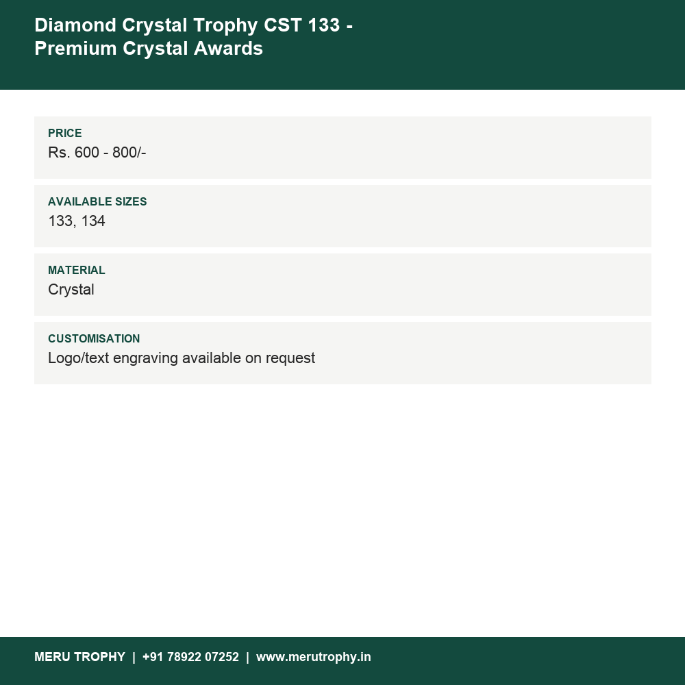 Diamond Crystal Trophy CST 133 - Premium Crystal Awards details - Meru Trophy