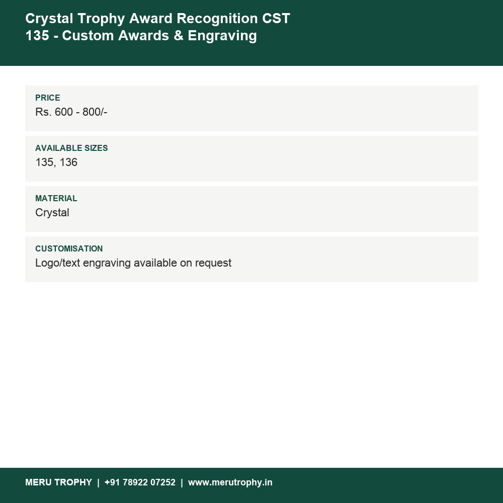 Crystal Trophy Award Recognition CST 135 - Custom Awards & Engraving details - Meru Trophy