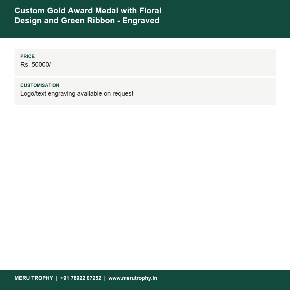Custom Gold Award Medal with Floral Design and Green Ribbon - Engraved Medals & Custom Trophies details - Meru Trophy