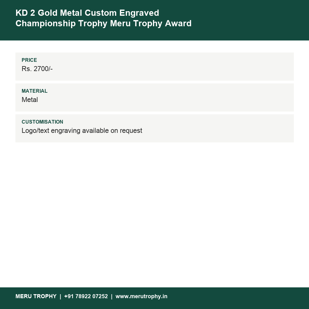 KD 2 Gold Metal Custom Engraved Championship Trophy Meru Trophy Award kd-2 details - Meru Trophy