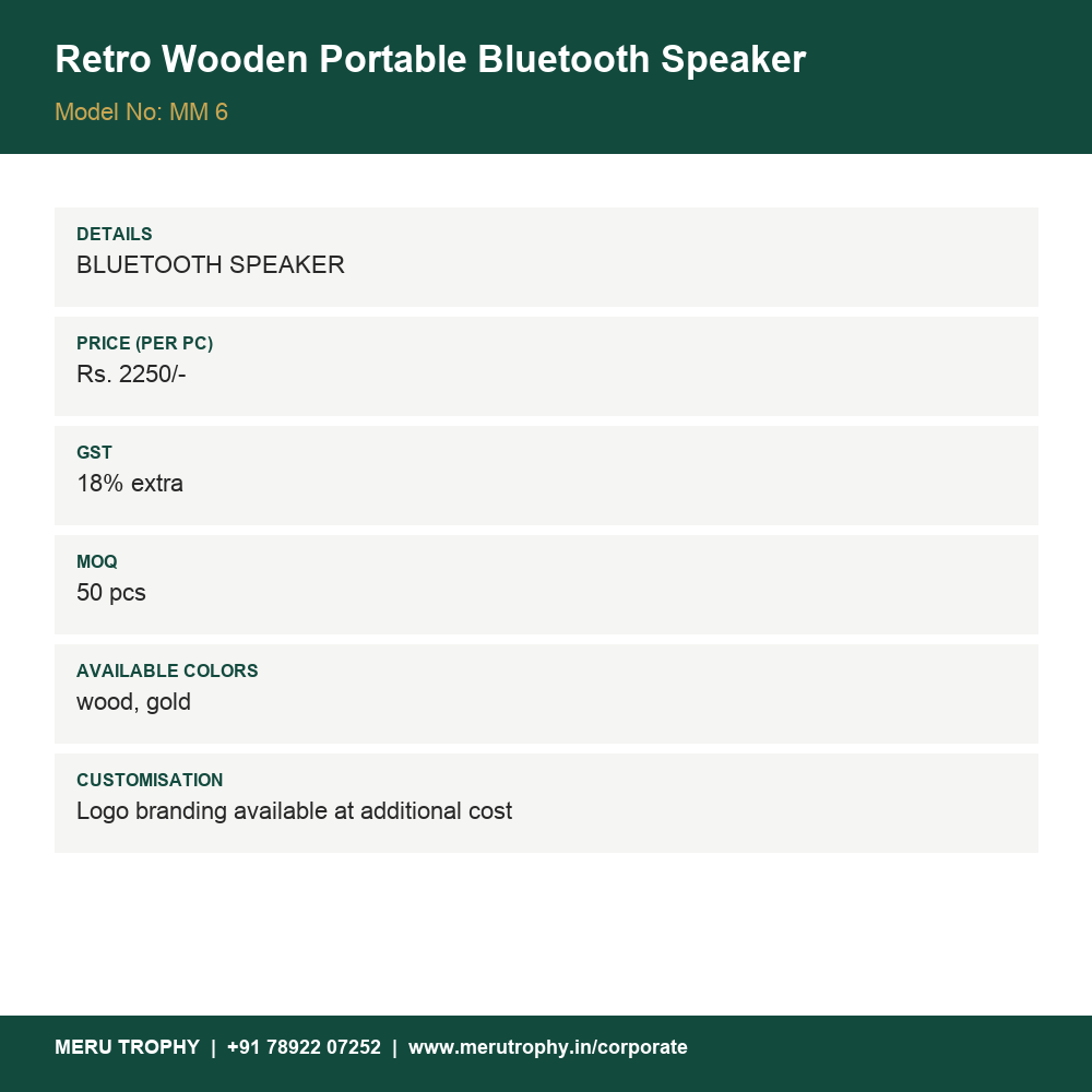 Retro Wooden Portable Bluetooth Speaker - product details - Meru Trophy corporate gifting
