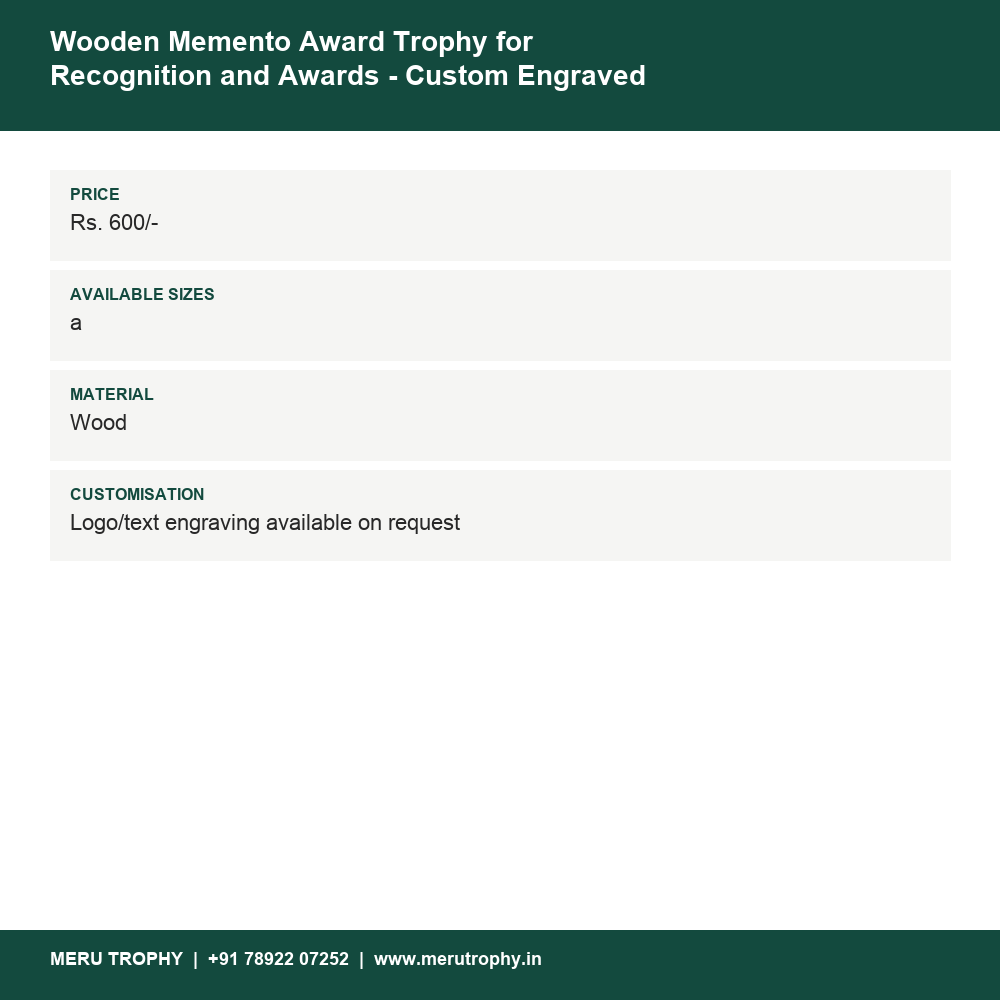 Wooden Memento Award Trophy for Recognition and Awards - Custom Engraved 4020 details - Meru Trophy
