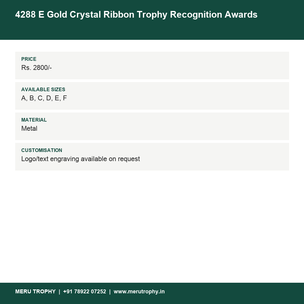 4288 E Gold Crystal Ribbon Trophy Recognition Awards details - Meru Trophy