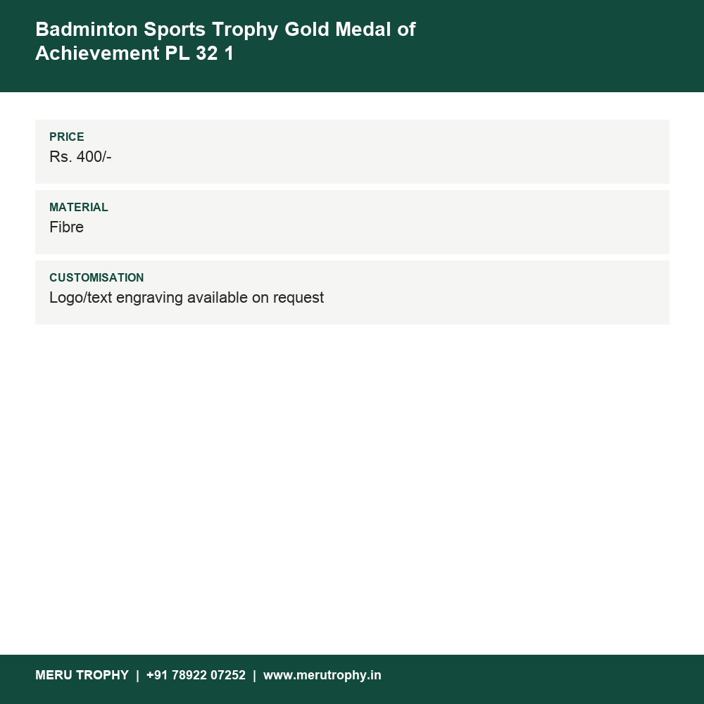 Badminton Sports Trophy Gold Medal of Achievement PL 32 1 details - Meru Trophy