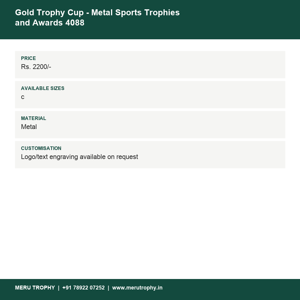 Gold Trophy Cup - Metal Sports Trophies and Awards 4088 details - Meru Trophy