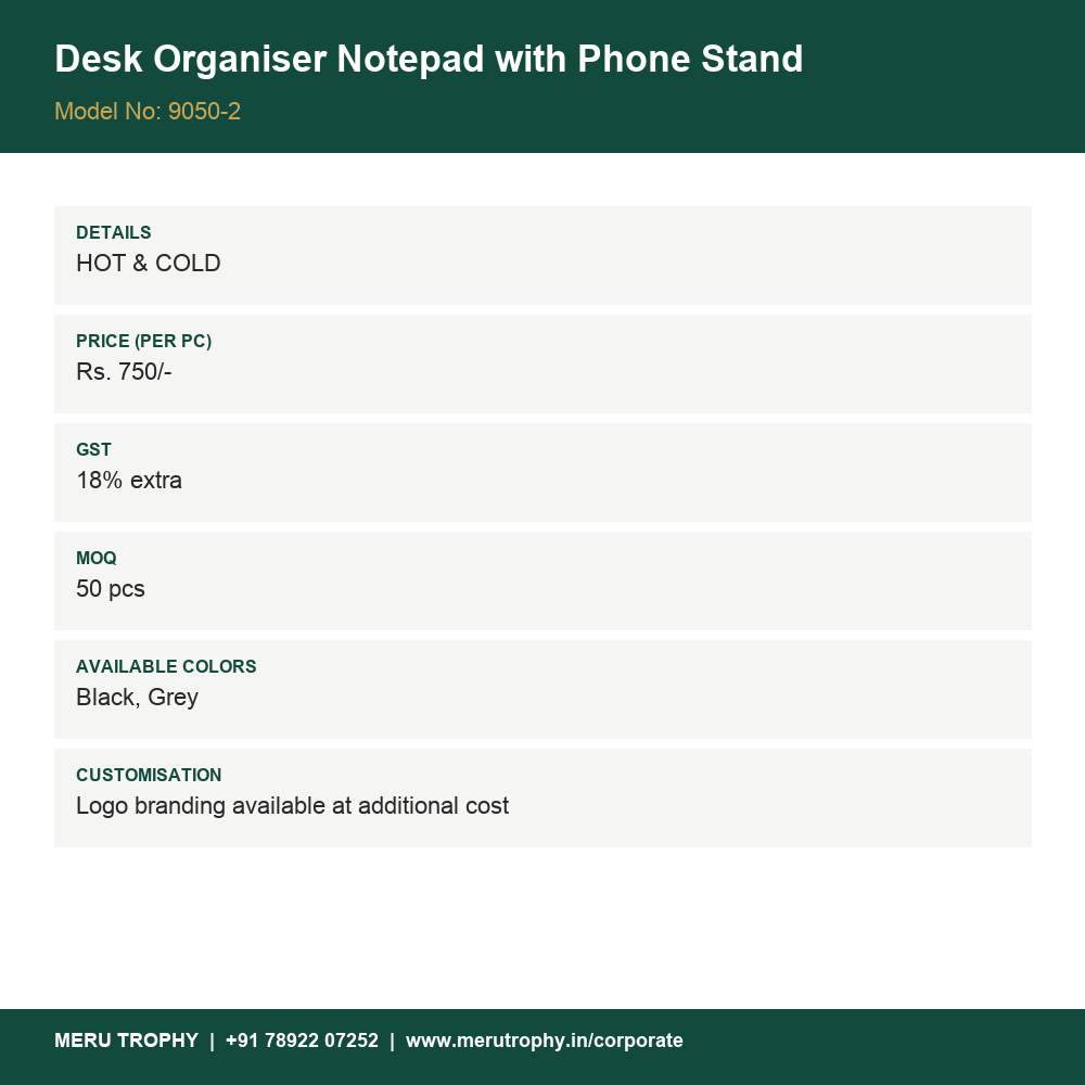 Desk Organiser Notepad with Phone Stand - product details - Meru Trophy corporate gifting
