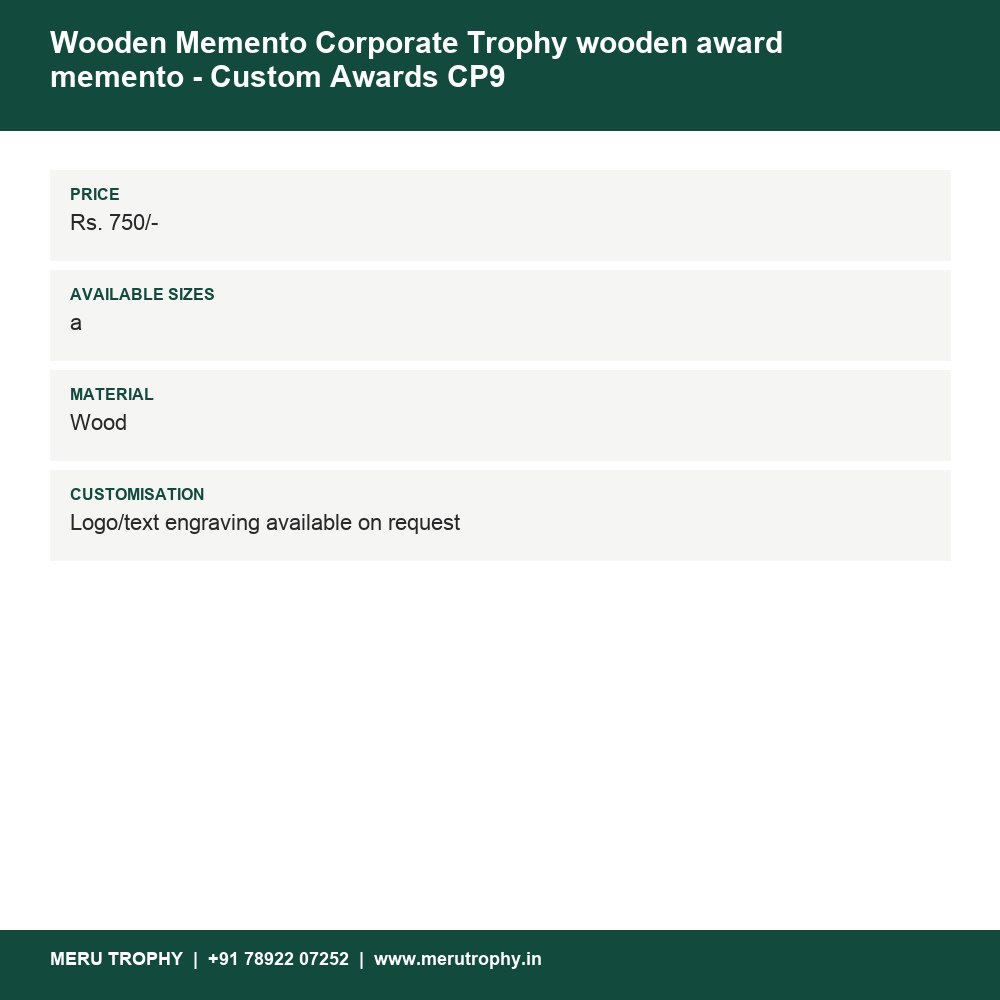 Wooden Memento Corporate Trophy wooden award memento - Custom Awards CP9 details - Meru Trophy