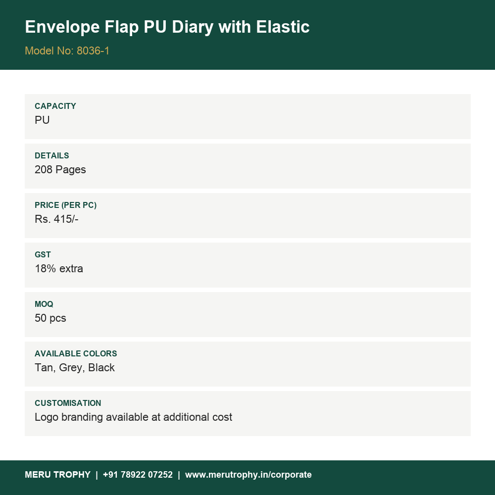 Envelope Flap PU Diary with Elastic - product details - Meru Trophy corporate gifting