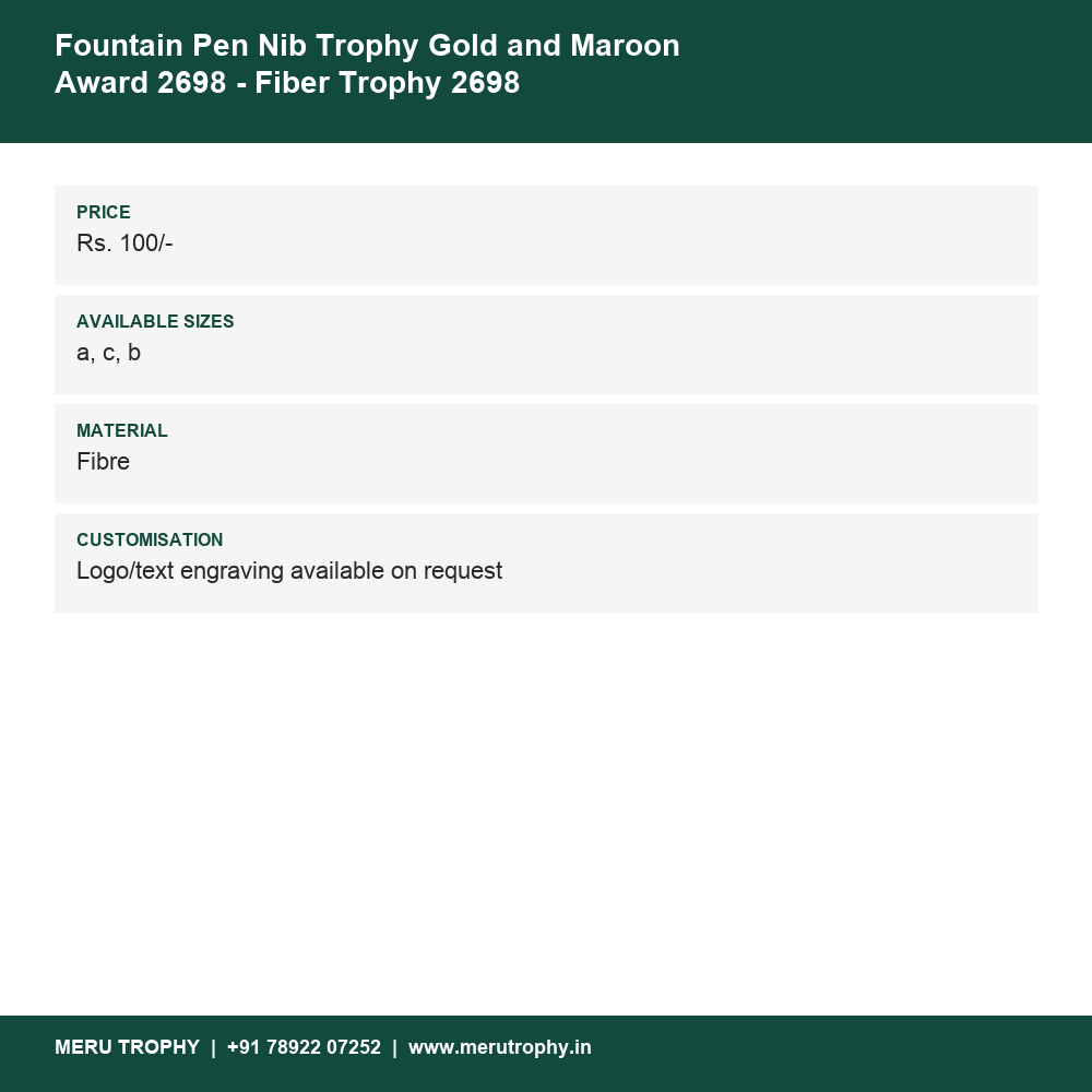 Fountain Pen Nib Trophy Gold and Maroon Award 2698 details - Meru Trophy