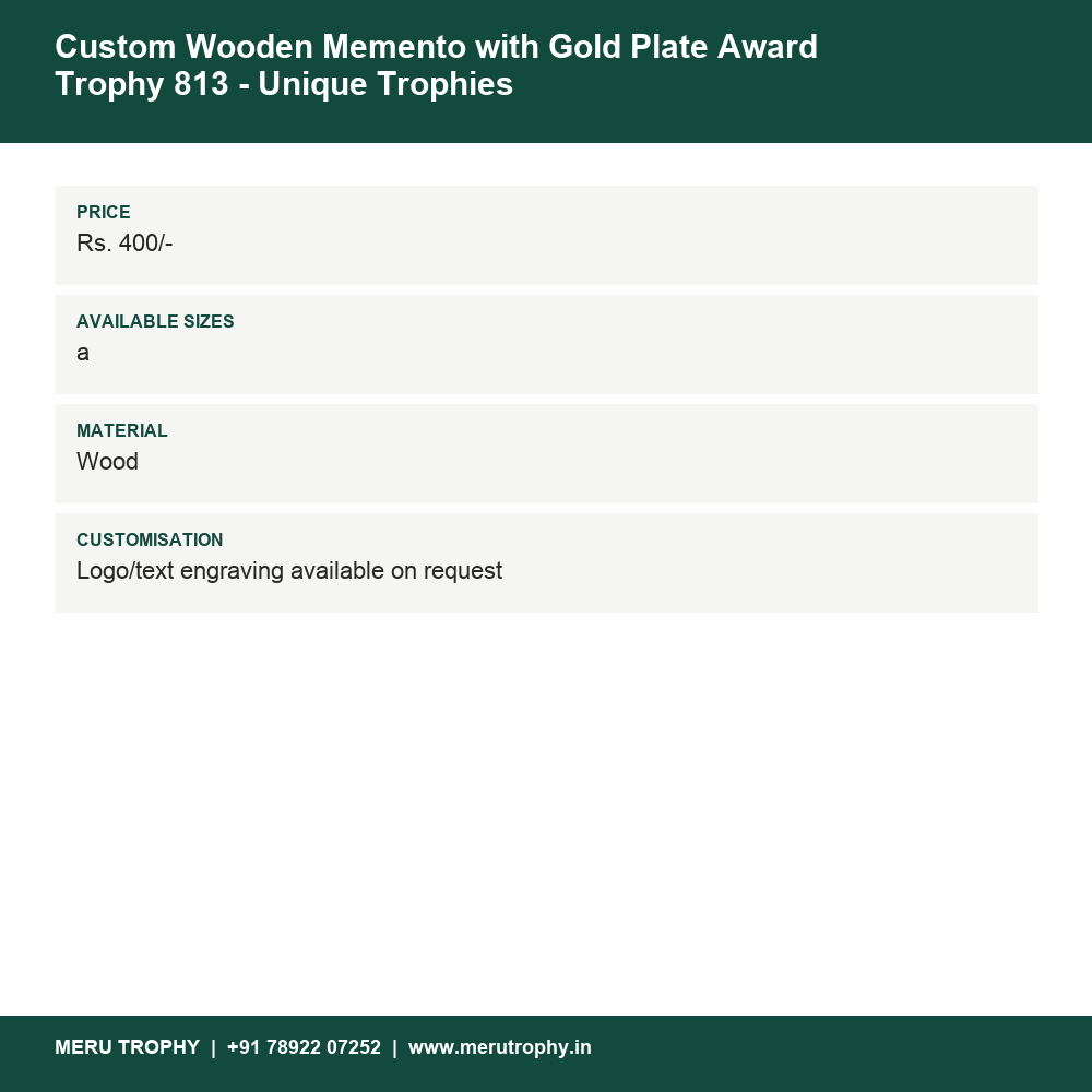 Custom Wooden Memento with Gold Plate Award Trophy 813 - Unique Trophies details - Meru Trophy