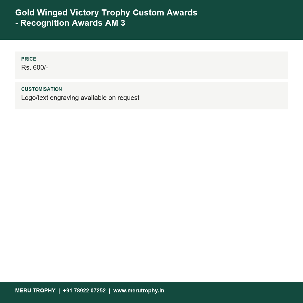 Gold Winged Victory Trophy Custom Awards - Recognition Awards AM 3 details - Meru Trophy