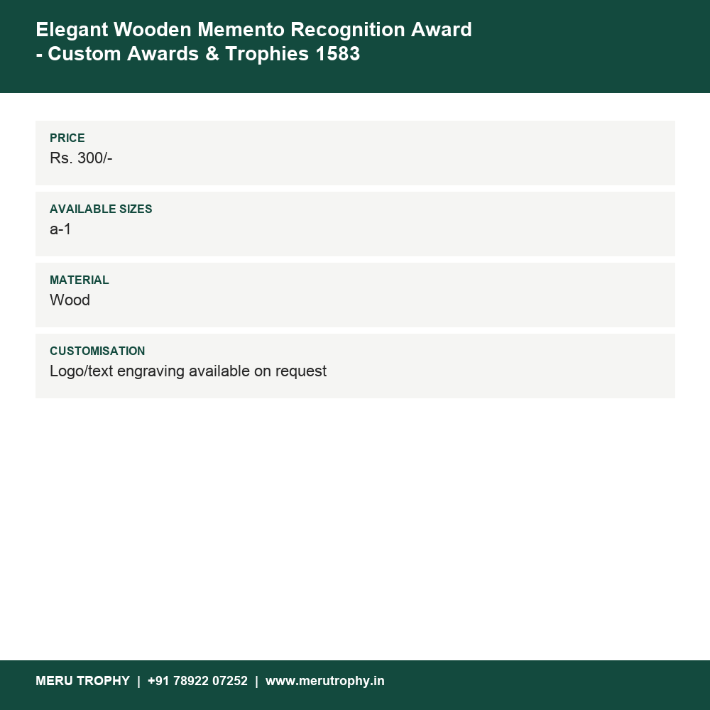 Elegant Wooden Memento Recognition Award - Custom Awards & Trophies 1583 details - Meru Trophy