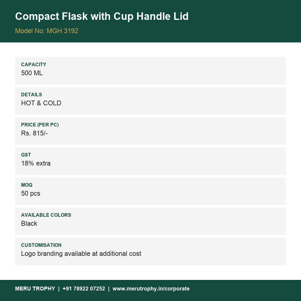 Compact Flask with Cup Handle Lid - product details - Meru Trophy corporate gifting