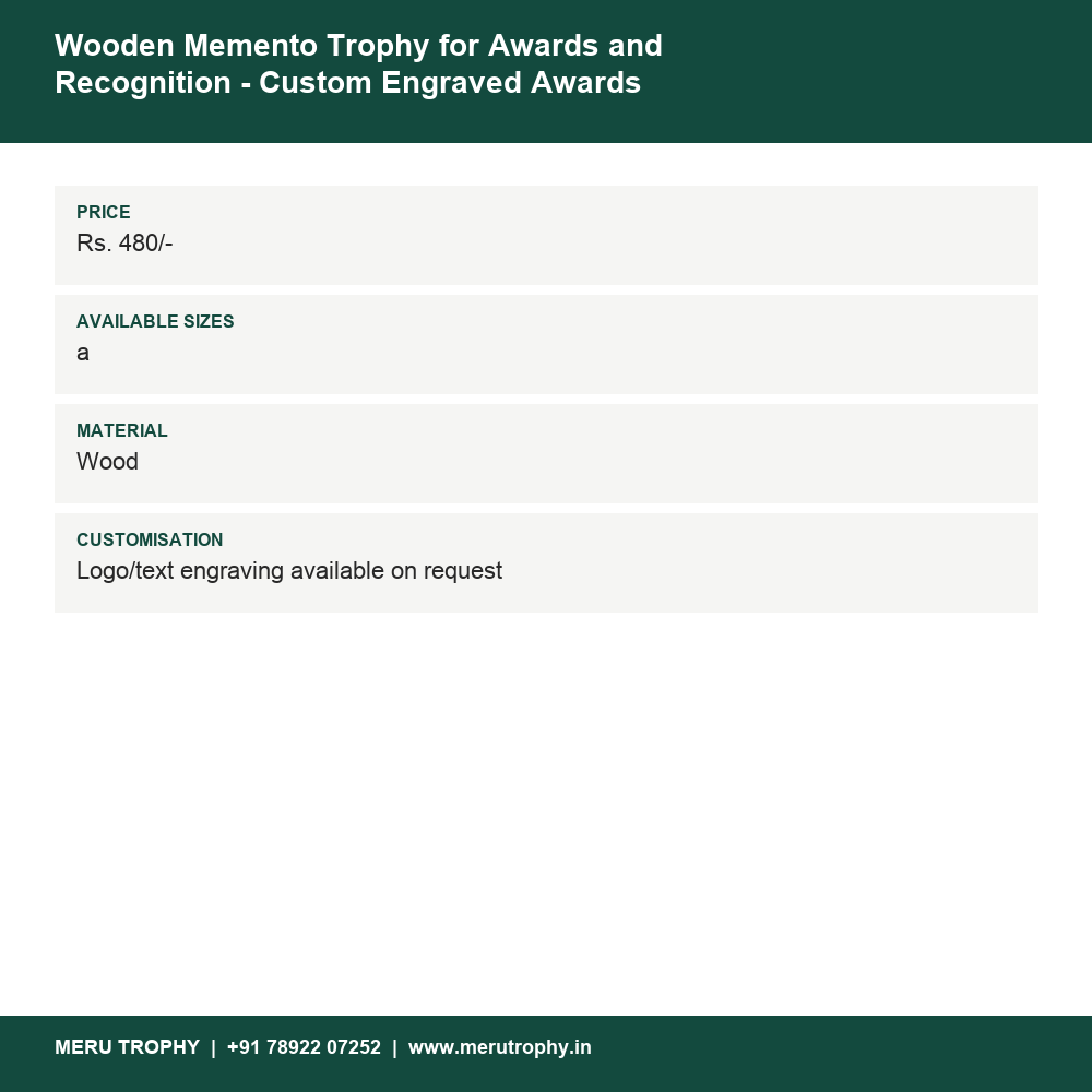 Wooden Memento Trophy for Awards and Recognition - Custom Engraved Awards 1905 details - Meru Trophy