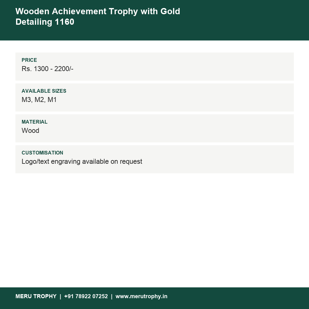 Wooden Achievement Trophy with Gold Detailing 1160 details - Meru Trophy
